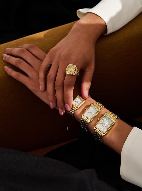 The Fossil Raquel watch is shown in a variety of sizes and styles on a woman's wrist, along with case size measurements.