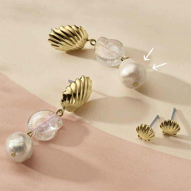 A gif of the gold-tone jewellery with cultured freshwater pearls. Palm tree graphics.