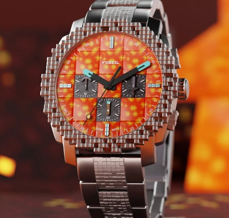ピクセルが彩る世界を背景に、キューブの上に置かれたMinecraft x Fossil「ジ・エンド」ウォッチ。