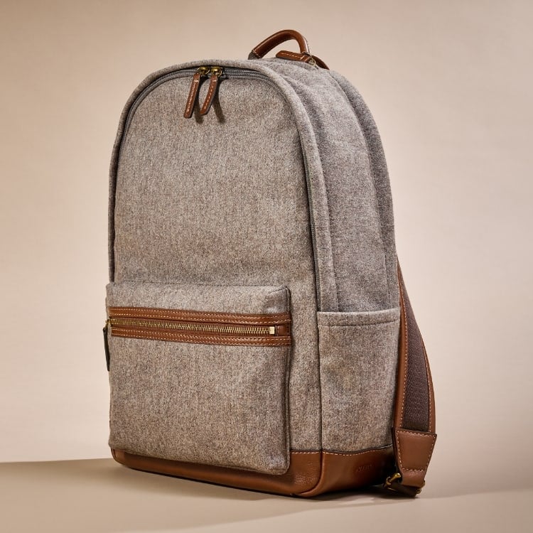 A closeup shot of the Buckner backpack with Italian wool and leather accents. The Buckner backpack in Italian wool and leather.