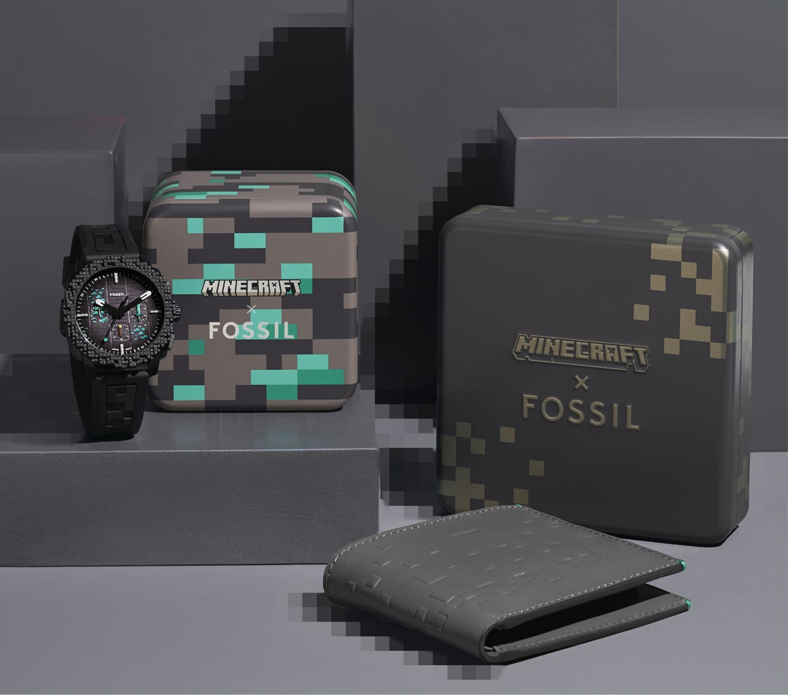 A GIF image of the Minecraft packaging. Image two: Dark grey blocks display a rugged men's watch in black silicone, a pixel-embossed dark grey leather wallet and accompanying tins designed to look like Minecraft blocks.