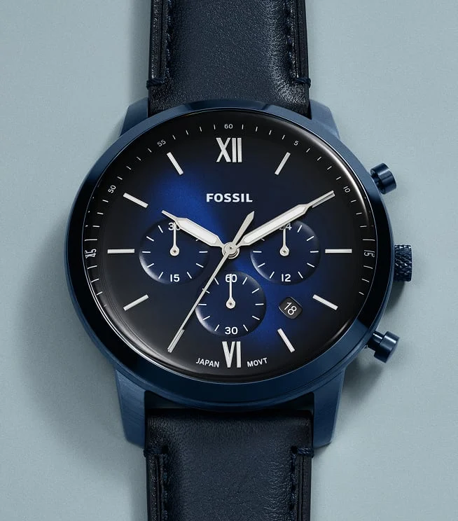 The midcentury Fossil Neutra Chronograph watch in a deep blue.
