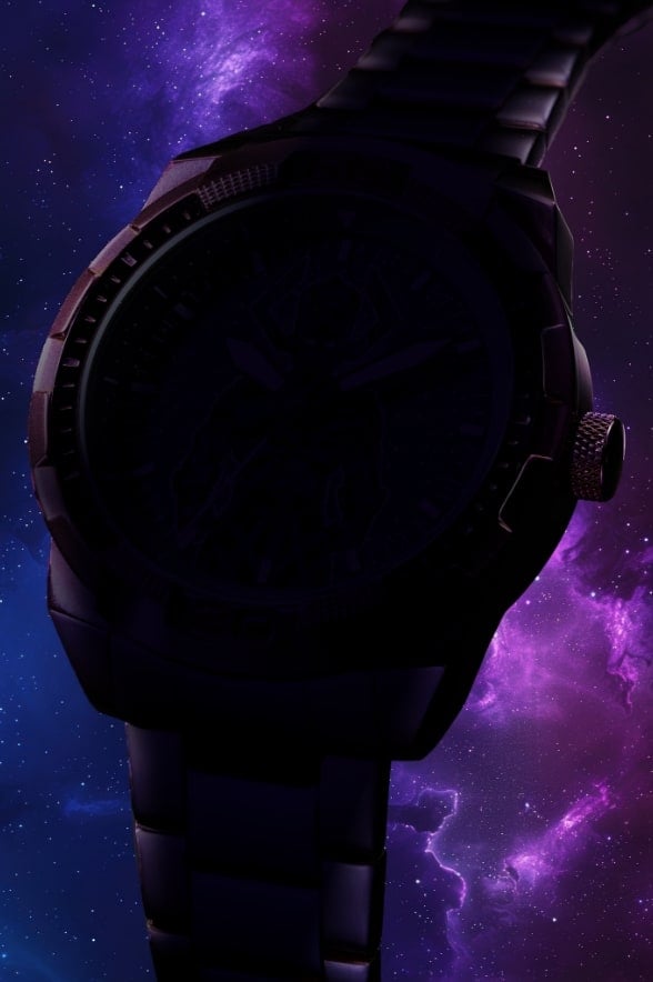 Blurred view of a round oversized watch silhouette on a glowing purple intergalactic background.