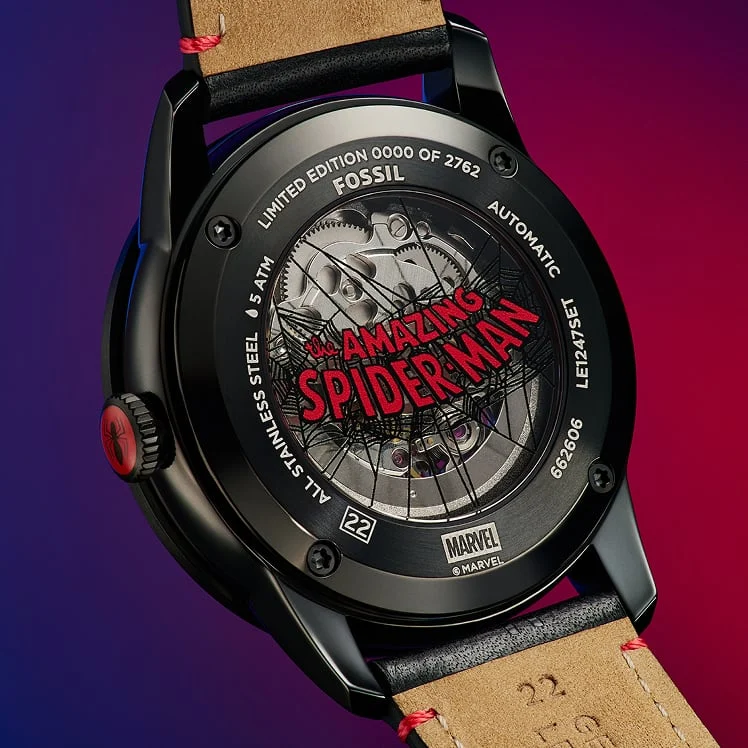 The display caseback of the watch reveals the automatic movement within, as well as the Spider-Man logo in red.