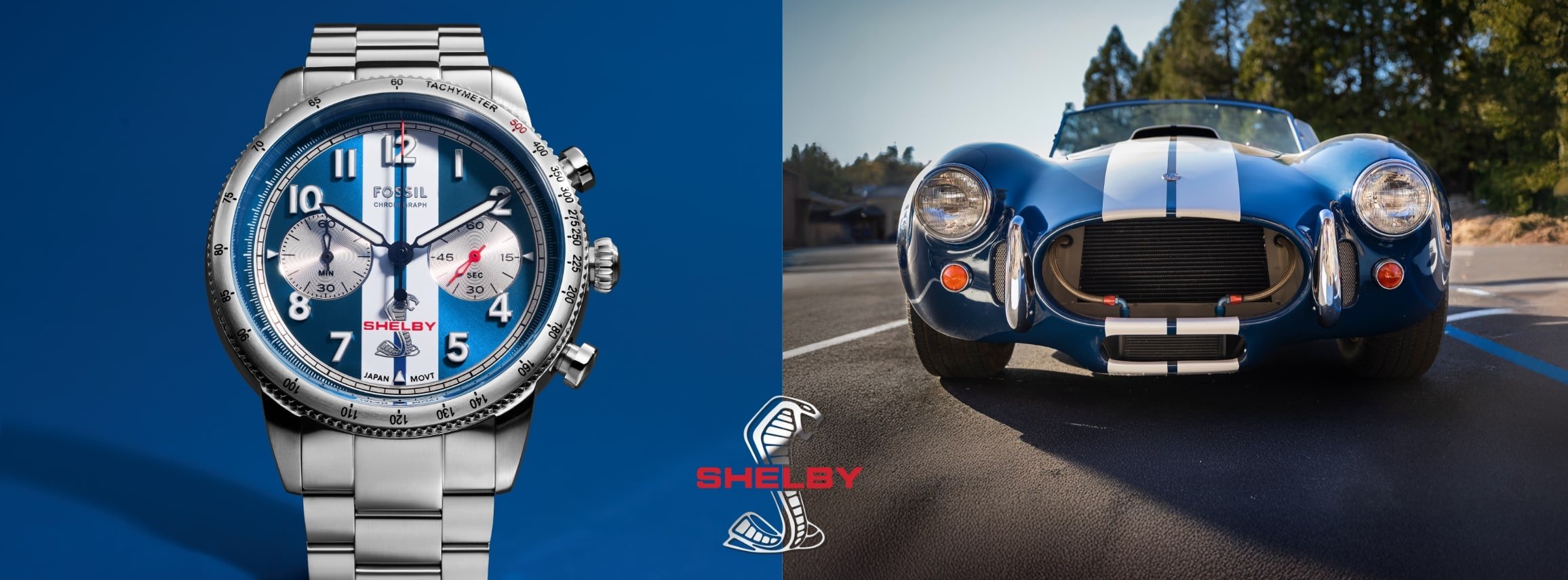 The blue and white striped Shelby Grand Tourer chronograph watch shown side by side with a classic Shelby sports car in the same bold colorway, along with the Shelby Cobra logo.