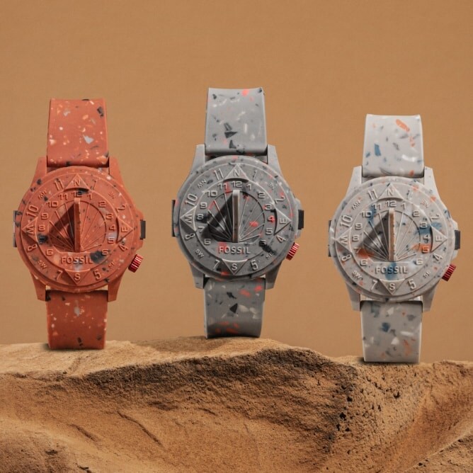 The three exclusive STAPLE x Fossil watches featuring sundial designs with inner holograms. 
