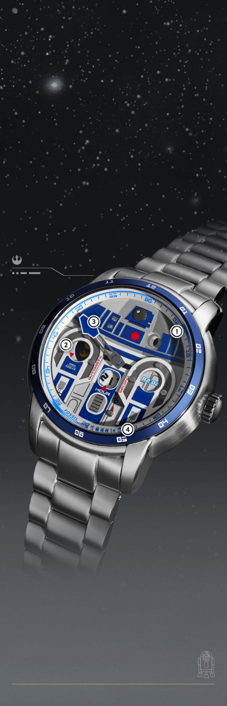 A close-up shot of a silver-tone watch with a dimensional appliqué of R2-D2 on the dial