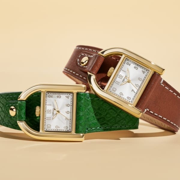Brown leather and green python-embossed leather Harwell watches. 
