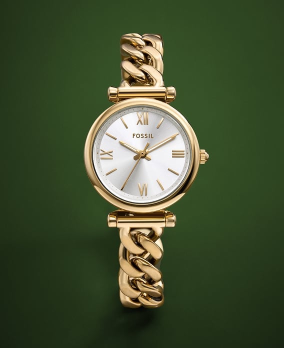 The classic Fossil Carlie watch, shown in a gold-tone finish with a curb chain bracelet.