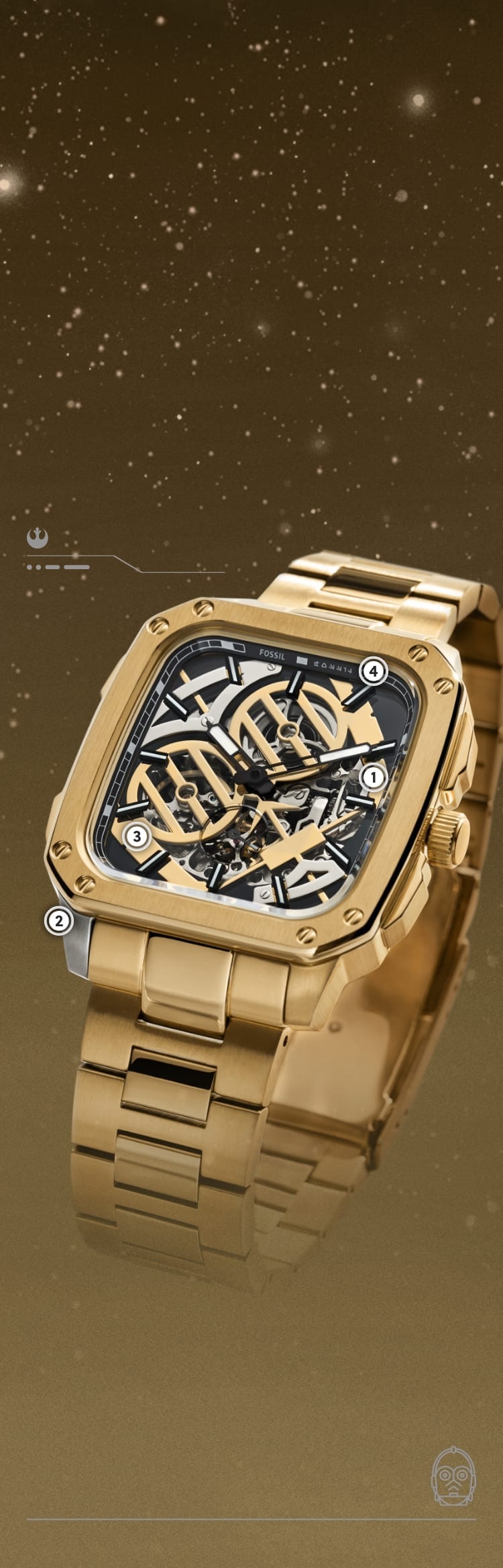 Primer plano de un reloj en tono dorado con un marco de la cara de C-3PO en tono dorado y movimiento automático expuesto