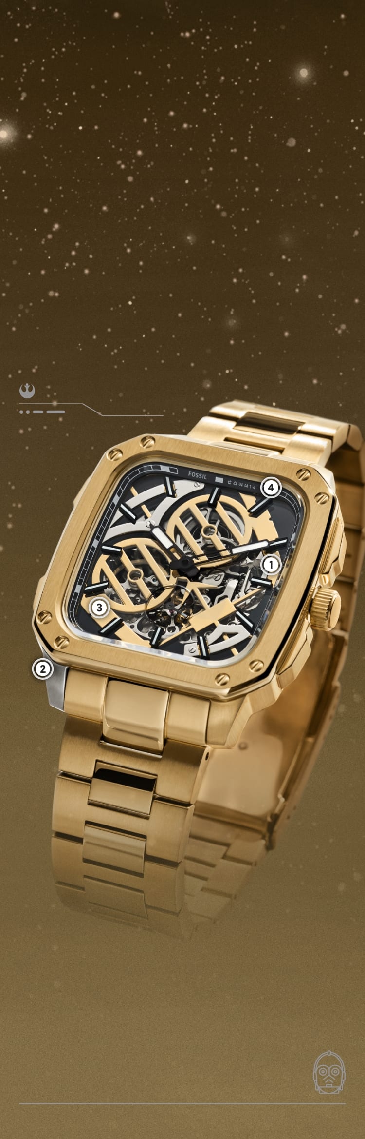 Un gros plan d’une montre dorée avec le visage de C-3PO, doré lui aussi, sur son mouvement automatique exposé