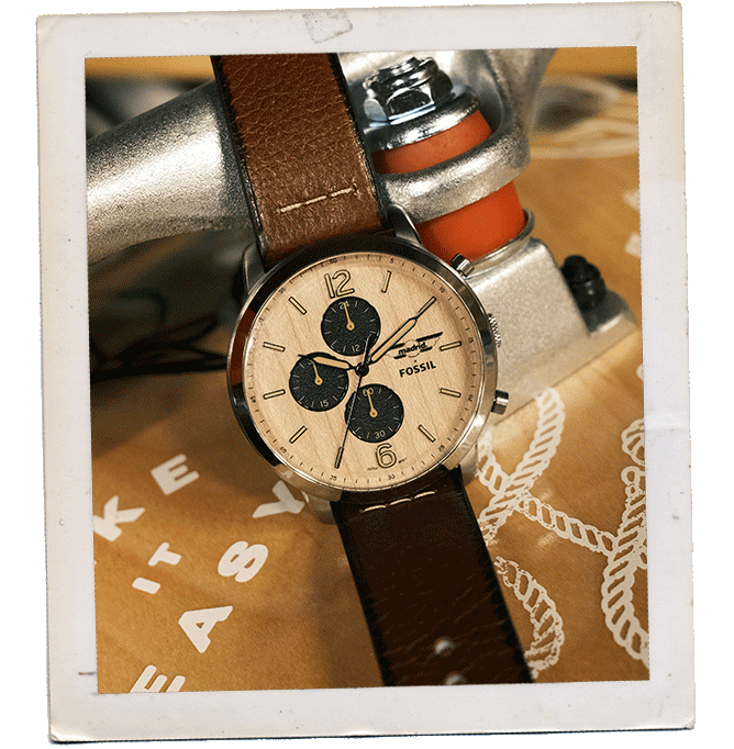 The exclusive Madrid x Fossil skateboard. The Madrid x Fossil chronograph watch. The Madrid x Fossil mini skateboard, bottle opener and chronograph watch.