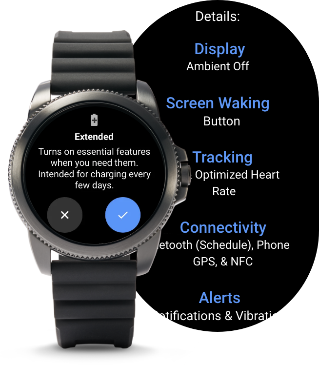 A Gen 5 LTE Smartwatch displaying different battery modes.