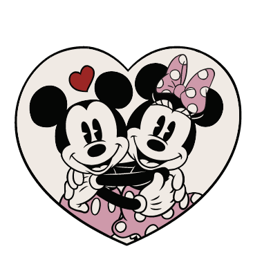 Animación de Mickey Mouse y Minnie Mouse con corazones.