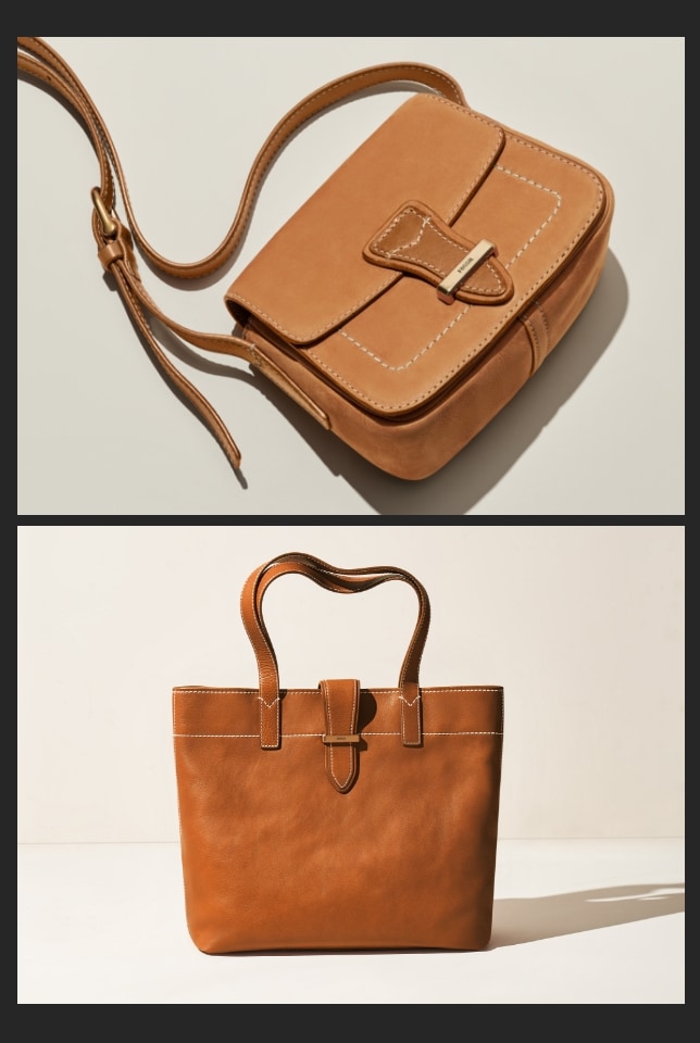 n GIF de un bolso Tremont de ante marrón, con un primer plano de los bordes sin rematar con puntadas a mano en tres colores.