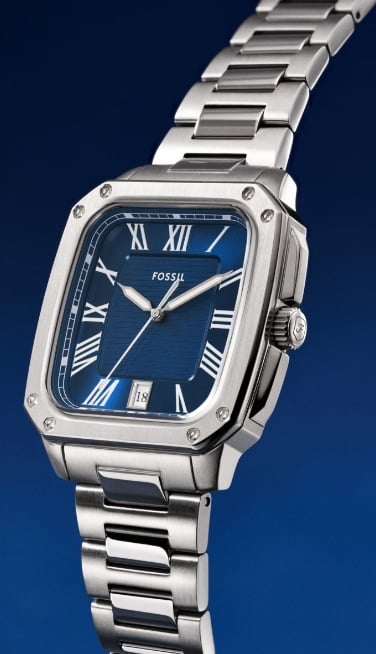 A men's watch in a silver-tone finish with a square case and a blue dial.