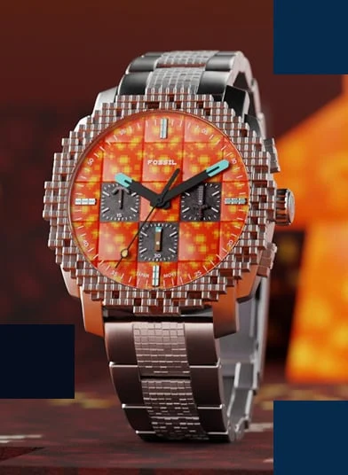 Die Uhr The Nether Minecraft x Fossil steht allein im Gleichgewicht, mit Lavaströmen und feuriger Glut im Hintergrund.