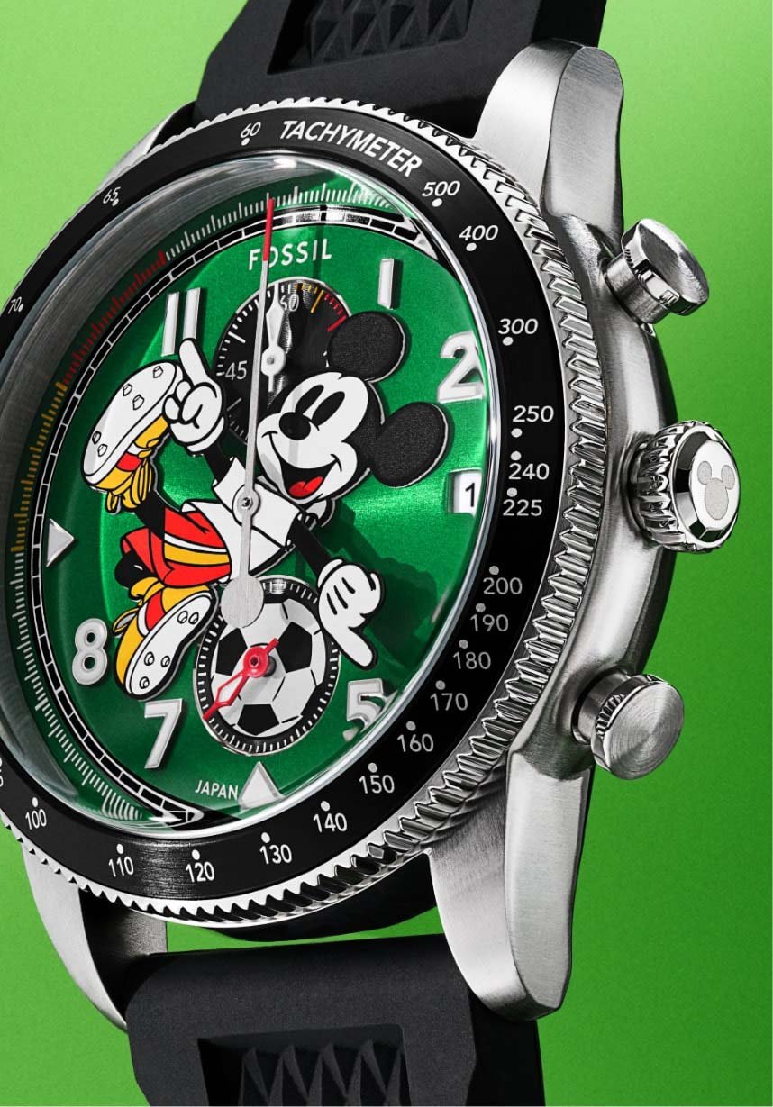 Two limited-edition watches shown side by side, featuring Disney's Mickey Mouse and Minnie Mouse playing football.