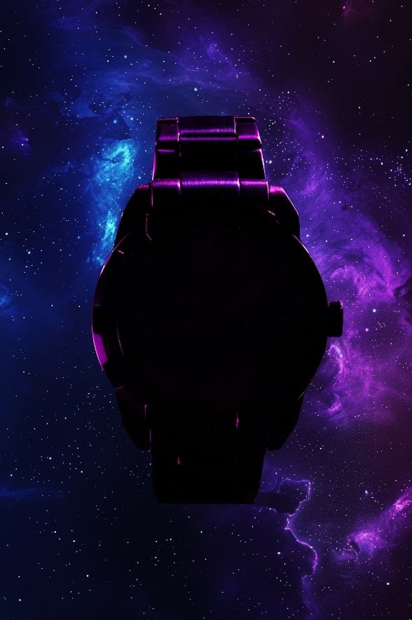 Blurred view of a round oversized watch silhouette on a glowing purple intergalactic background.