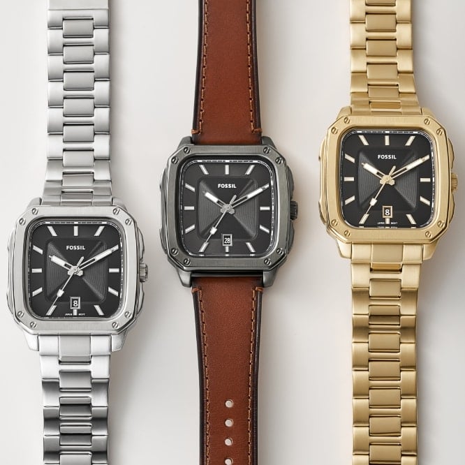 Three men’s Inscription watches in silver-tone stainless steel, brown leather and gold-tone stainless steel.