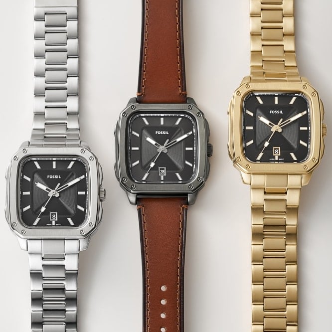 Three men’s Inscription watches in silver-tone stainless steel, brown leather and gold-tone stainless steel. 