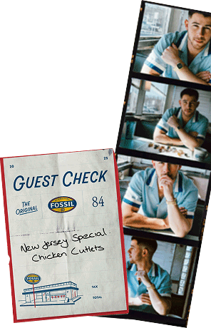 A four-photo film strip of Nick Jonas and a diner receipt that says 'NEW JERSEY SPECIAL: CHICKEN CUTLETS'.