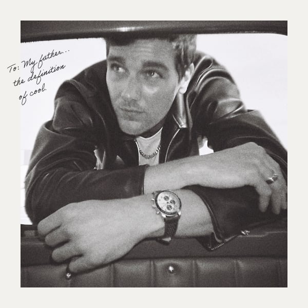 A black and white image of a man wearing the Sport Tourer watch. Handwritten on the image: To my father...the definition of cool.