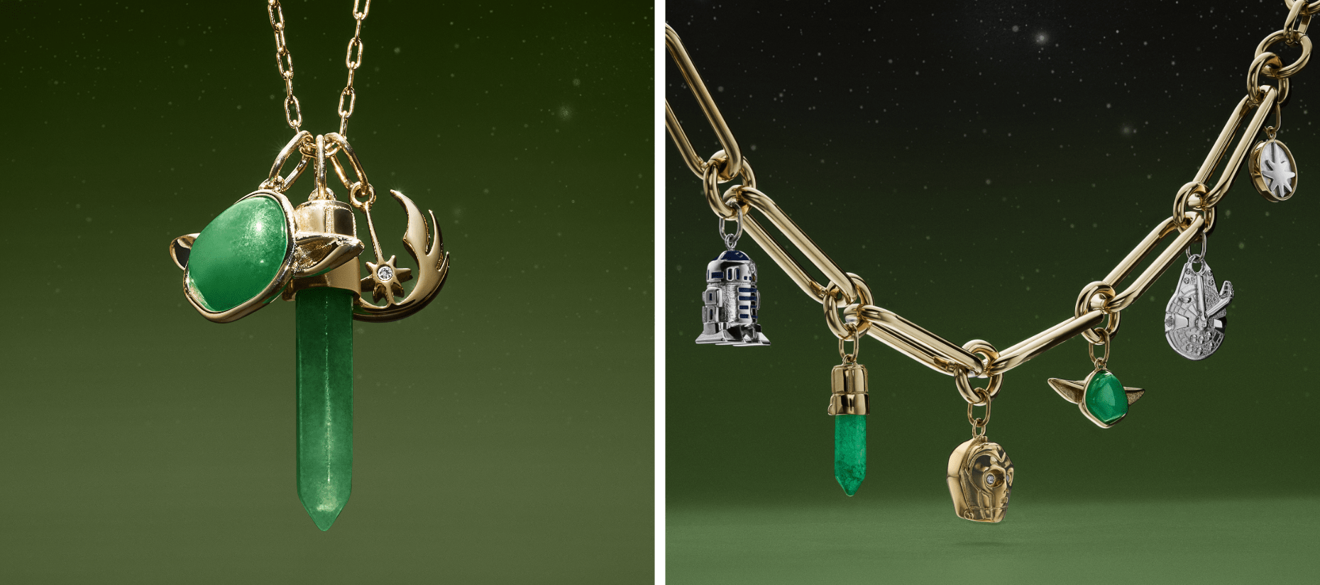 A gold-tone necklace and bracelet with charms shaped like Yoda, a Lightsaber and the symbol of the Rebellion