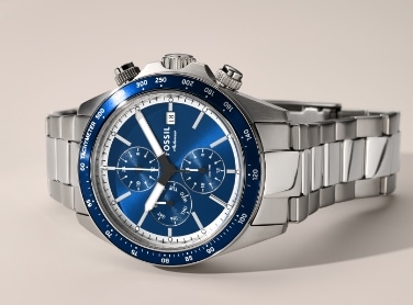 A men’s sport watch, featuring a silver-tone bracelet and blue dial.
