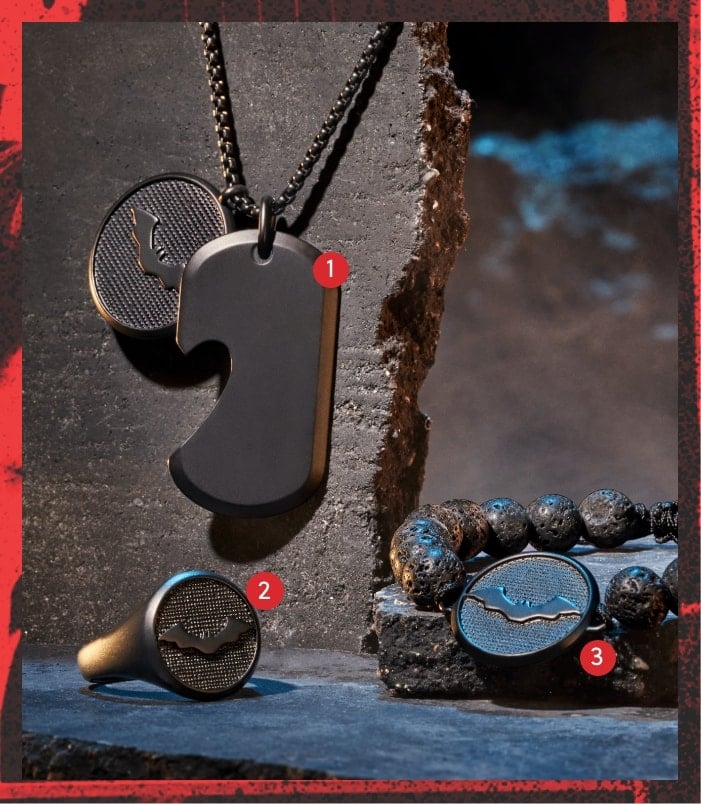 Jewelry pieces with 1, 2, and 3 numbers next to them to indicate which functions each has. 