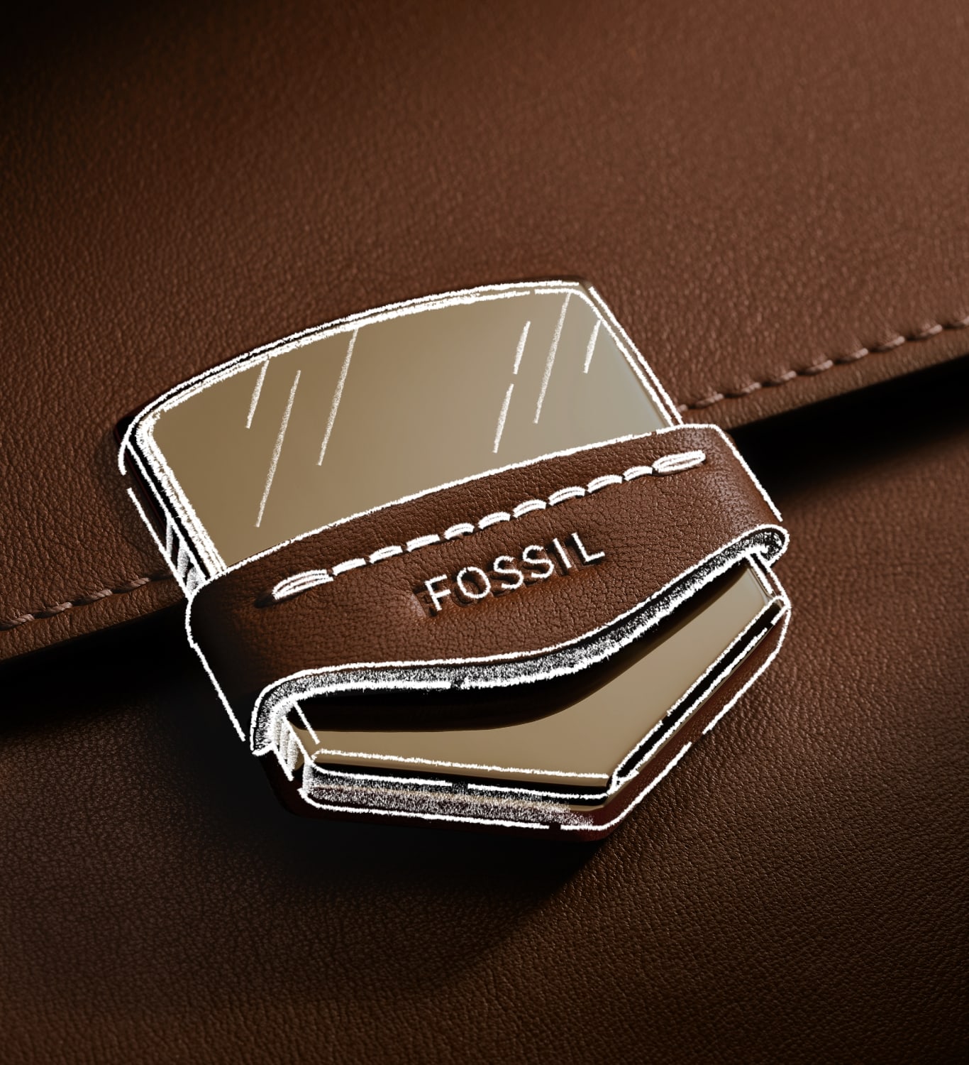 The gold-tone Fossil Crest on the brown leather Lennox bag, overlaid with a sketch of the Crest.