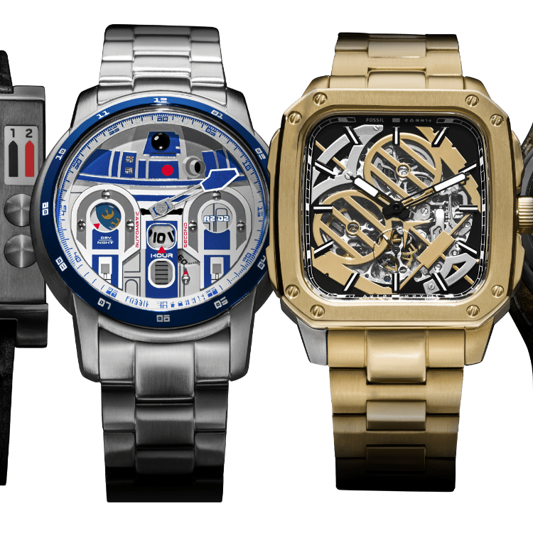 Uhren im Look von Luke Skywalker, Leia Organa, Han Solo, Chewbacca, C-3PO und R2-D2 in einer Reihe.
