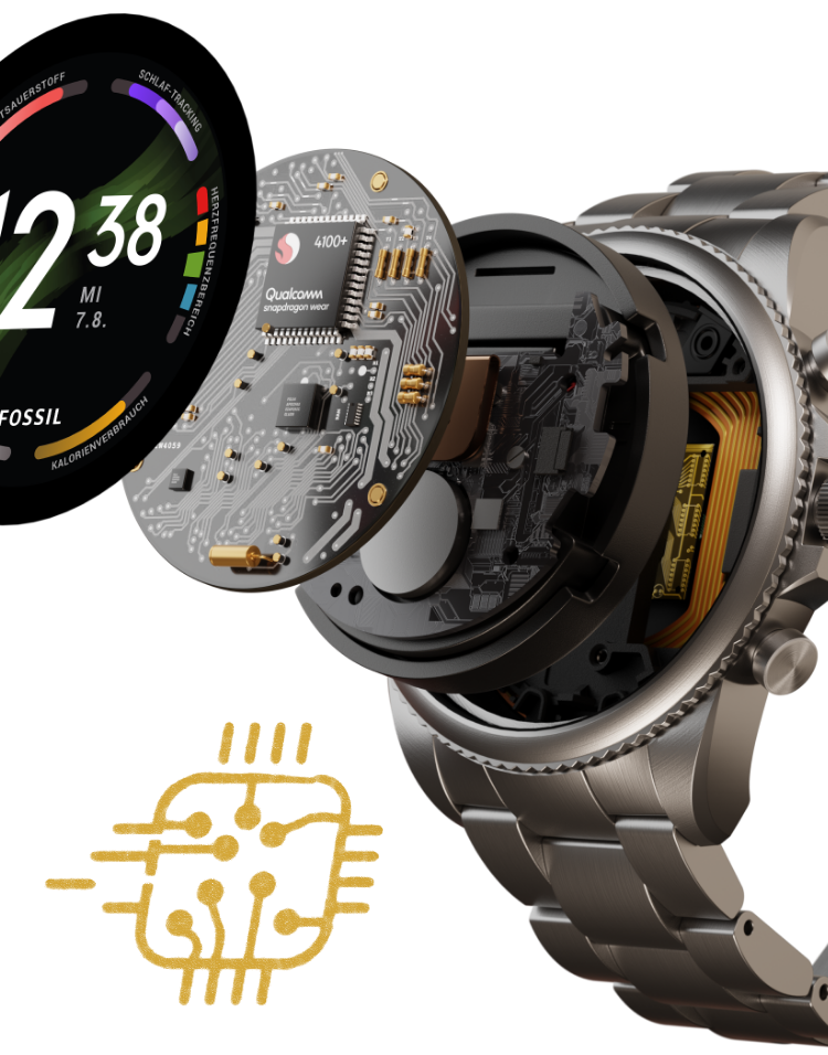 Eine Gen 6 Smartwatch mit explodierendem Zifferblatt, unter dem das Innere zum Vorschein kommt. Eine Gen 6 Smartwatch mit explodierendem Zifferblatt, unter dem das Innere zum Vorschein kommt.
