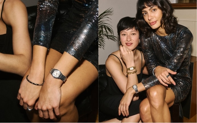 An image of two women's wrists showing them wearing Fossil jewellery and the silver-tone Harlow watch; and an image of two women sitting next to each other wearing Fossil jewellery and watches.