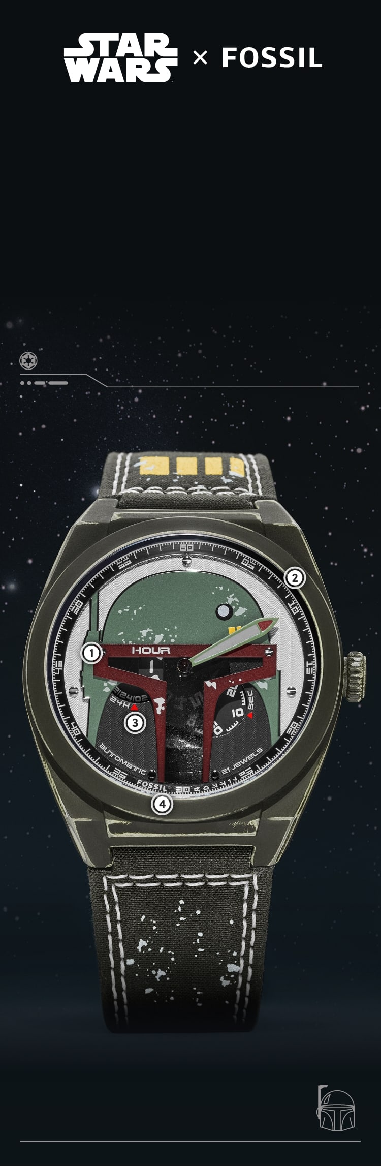 A close up of a distressed, olive-green watch with a dimensional Boba Fett helmet on the dial.