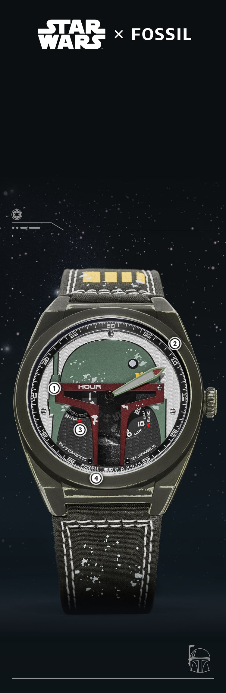 Gros plan d’une montre vert olive patinée au cadran orné du casque de Boba Fett.