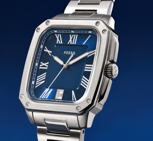 A men's watch in a silver-tone finish with a square case and a blue dial.