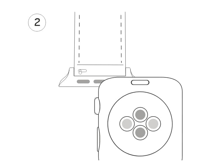 Image of the numeral 2 in a circle and a sketch of the back of a smartwatch with a watch band connecting to it.