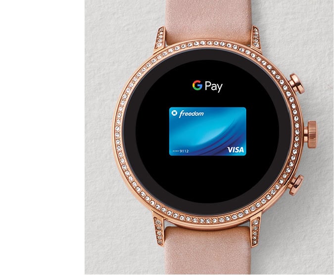 Montre connectée de 4ème génération affichant l’écran Google Pay.