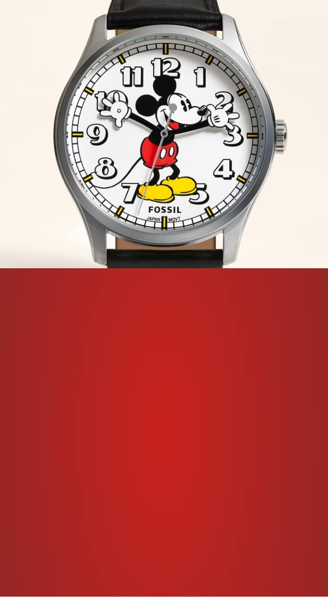 A split-screen module featuring the Mickey Mouse anniversary watch, along with a graphic of the five Mickey and friends characters on a red background.