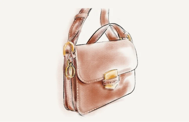 The various components of the brown leather Lennox bag, incuding sketches of the hardware, gold-tone hardware pieces with D-link hardware and Heritage Crest closure in script, slim gusset and microsuede lining in script next to a sketch.