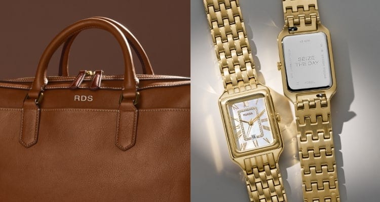 Una borsa in pelle marrone personalizzabile con goffratura, e la parte anteriore e posteriore dell’orologio Raquel color oro, con l’incisione “Seize the day”.