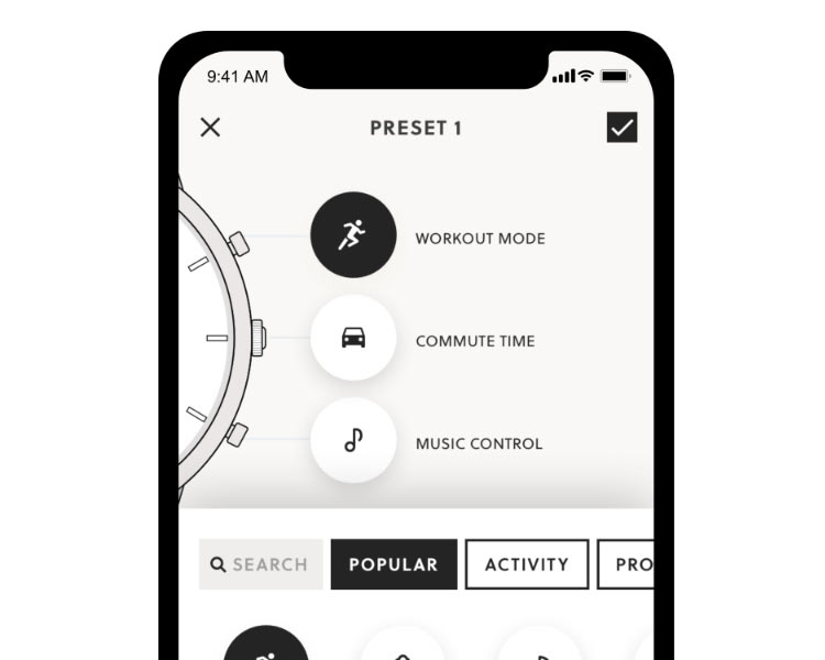 Application pour montres connectées Fossil avec écrans de suivi des objectifs, des pas et du sommeil.