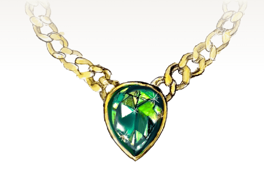 A sketchbook illustration of the polished brass necklace with emerald green teardrop crystal. Scripted writing is shown next to the jewellery, which reads “Exudes pride, joy and confidence”. 