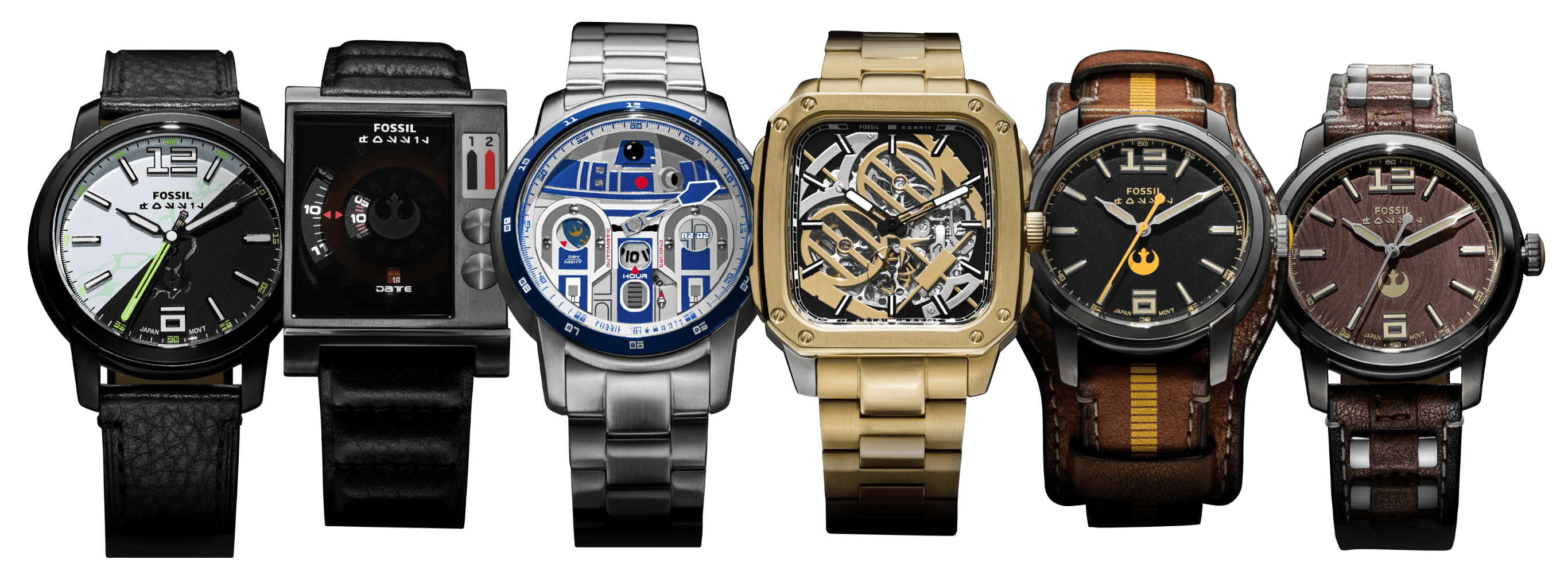 Watches inspired by Luke Skywalker, Leia Organa, Han Solo, Chewbacca, C-3PO and R2-D2 arranged in a line.