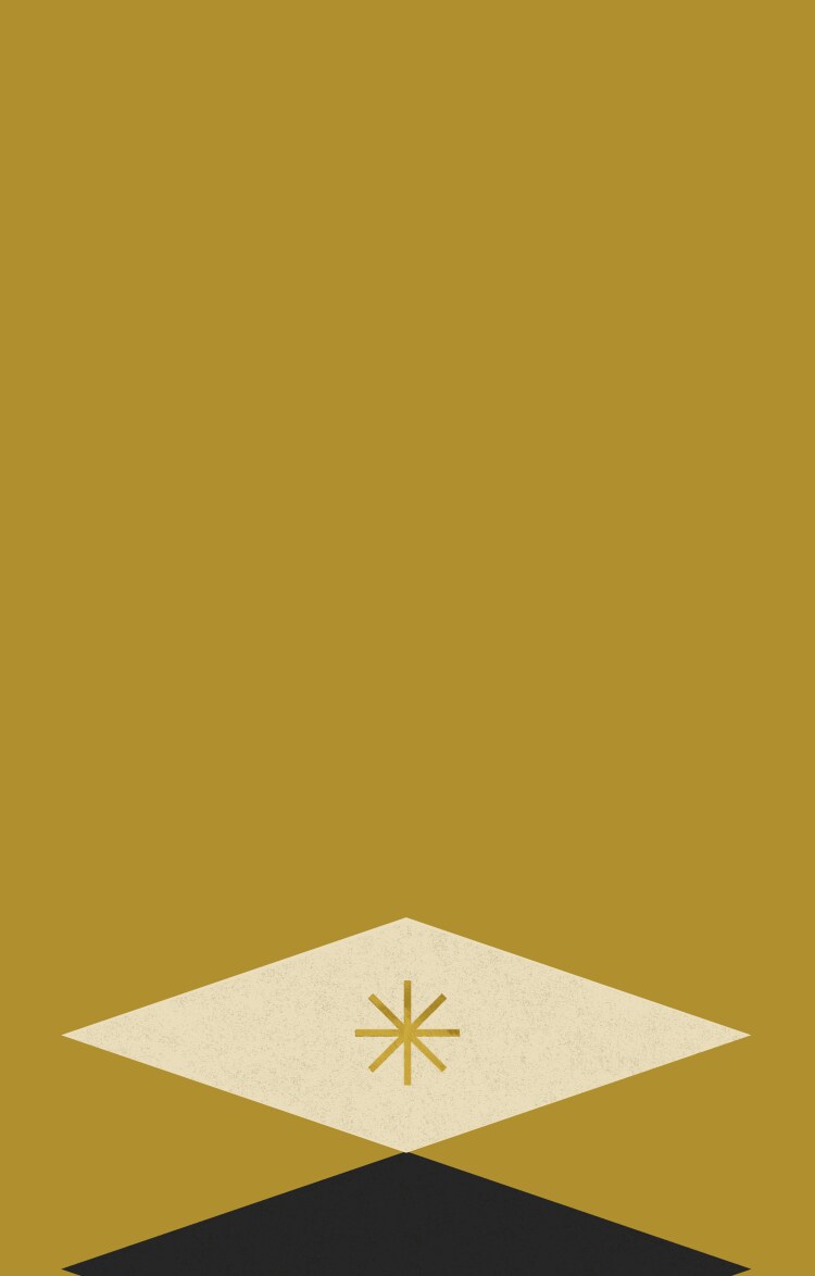 A gold background with beige and black diamond graphics.