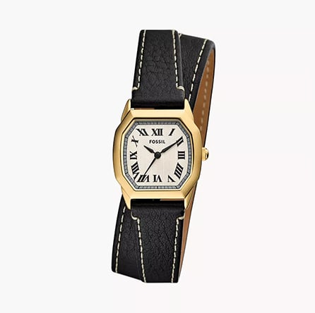 A women’s black leather watch