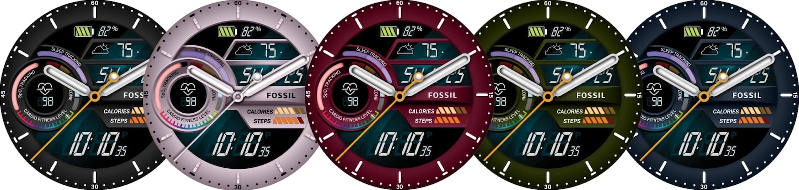A variety of Fossil Wellness Gauge watch faces, featuring the different customisable dial colours.