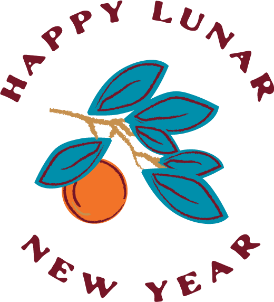 Happy Lunar New Year logo lockup with orange graphic.