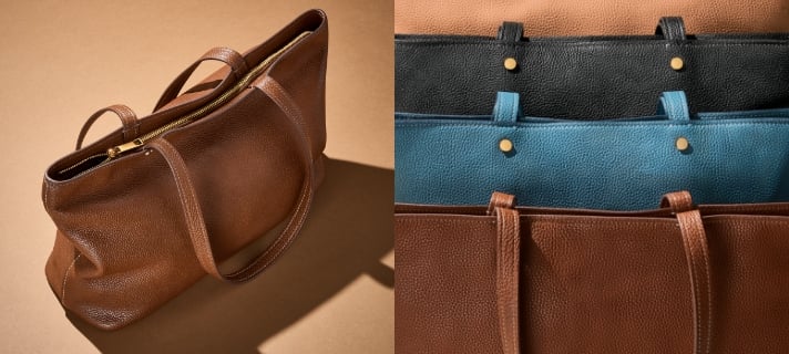 GIF de la cremallera del bolso tote Jessie abriéndose y una imagen en primer plano de los bolsos tote Jessie y su piel granulada. 
